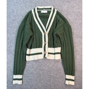 Threaded Leaf Womens Green Cable Knit Varsity Cropped Cardigan Gold Buttons M